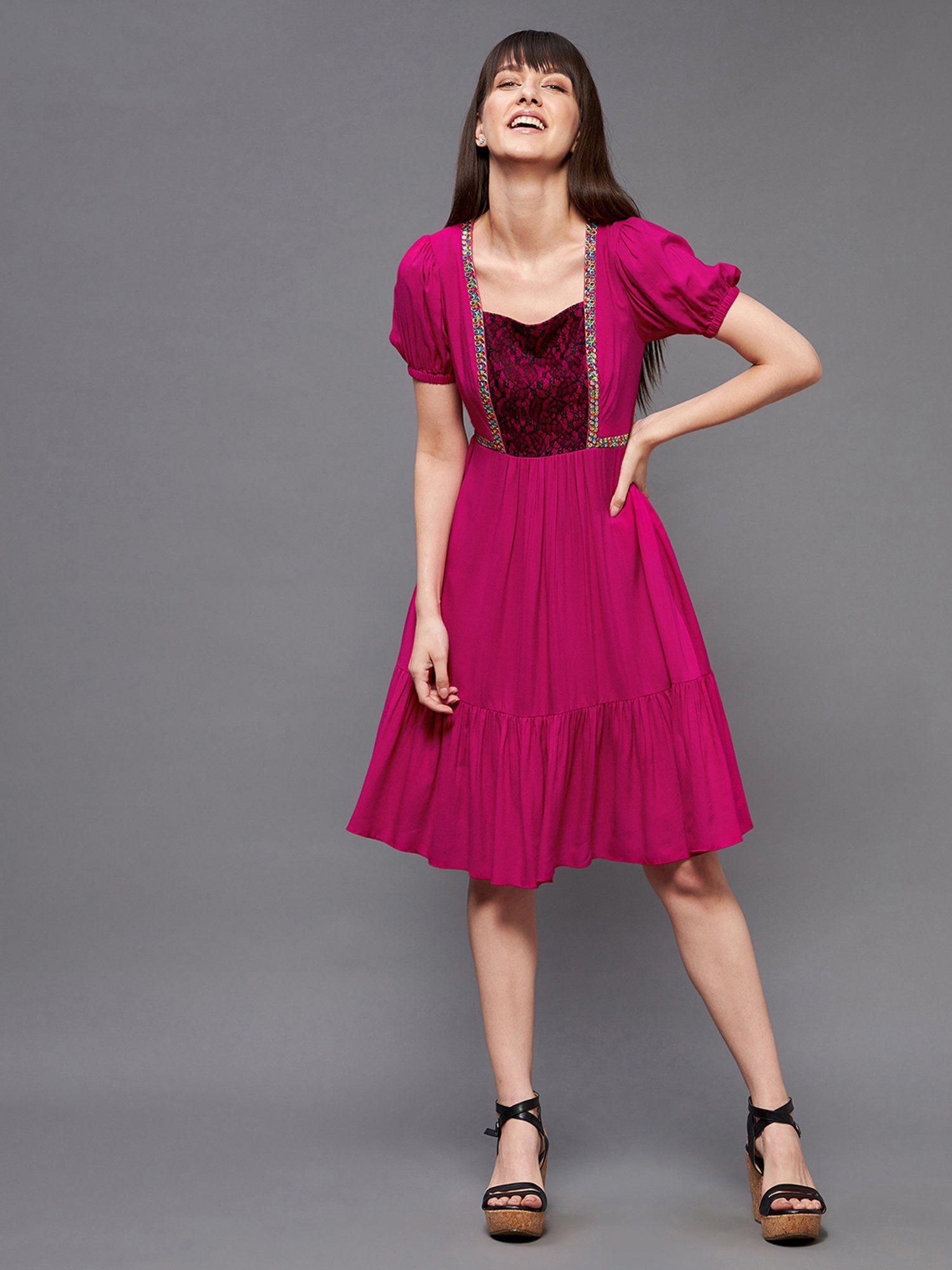 women's dark pink square puff sleeve viscose embroidered lace overlaid knee-long dress