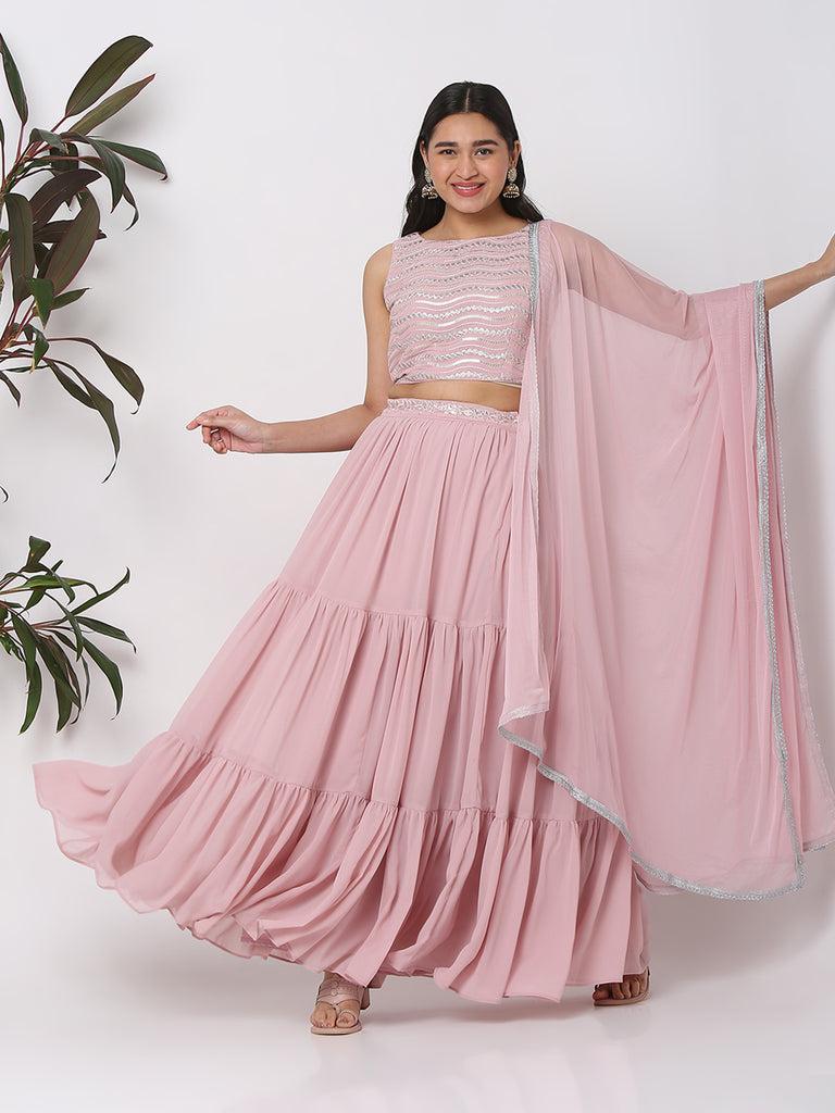 women's dusty pink polyester georgette embellished lehenga choli set