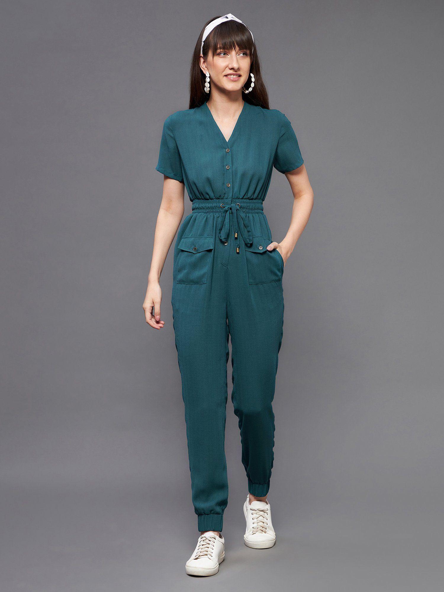 women's dusty turquoise v-neck short sleeve solid straight leg regular jumpsuit