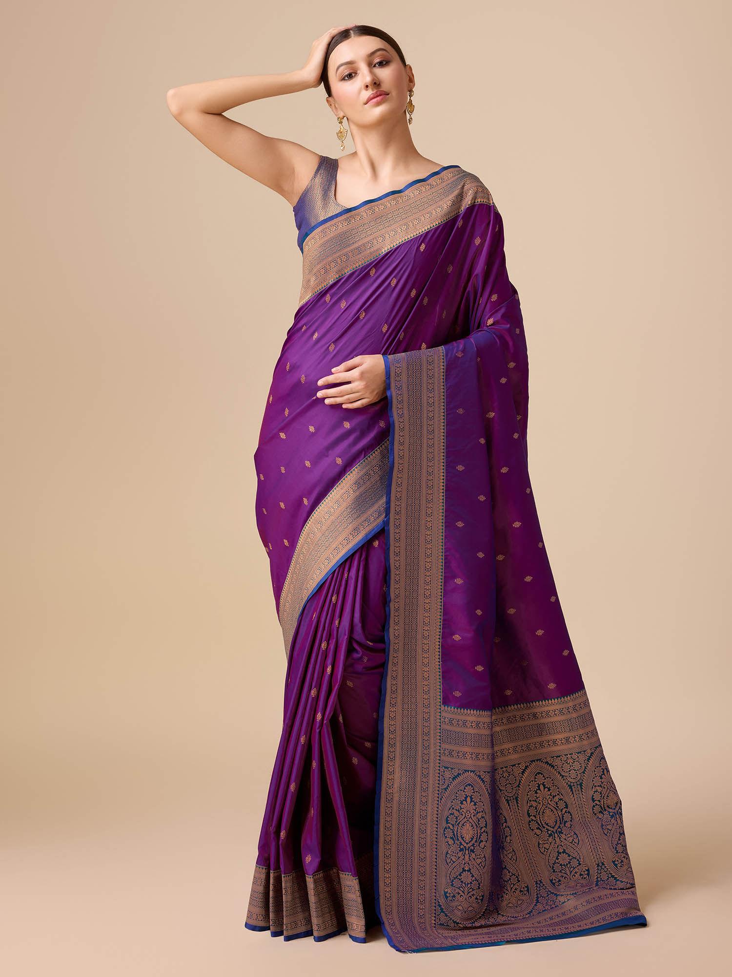 women's elegant purple banarasi silk rich brocade pattern saree with unstitched blouse