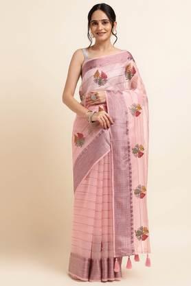 women's embellished and embroidered bollywood sari with blouse piece - pink