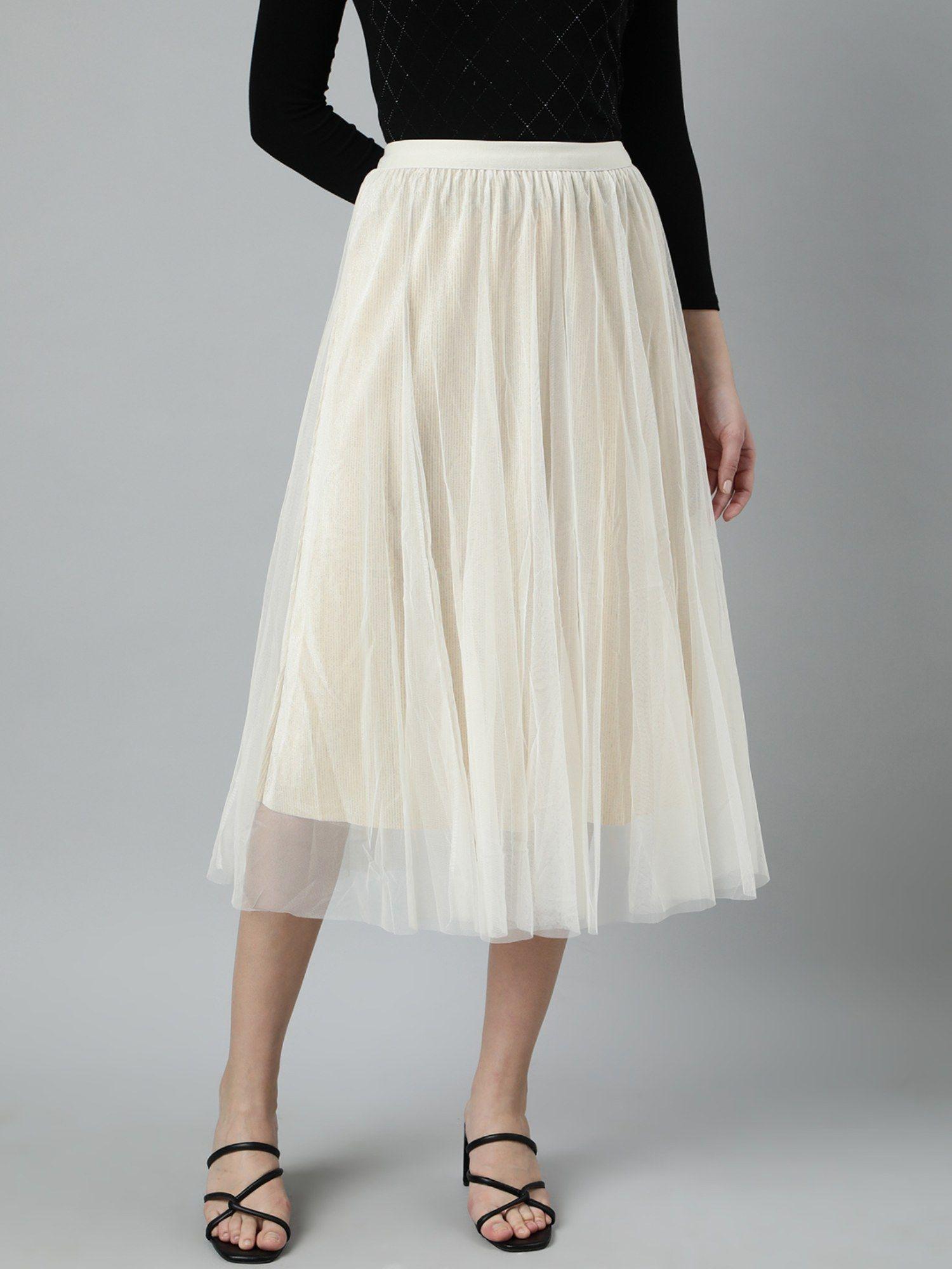 women's embellished cream flared midi skirt