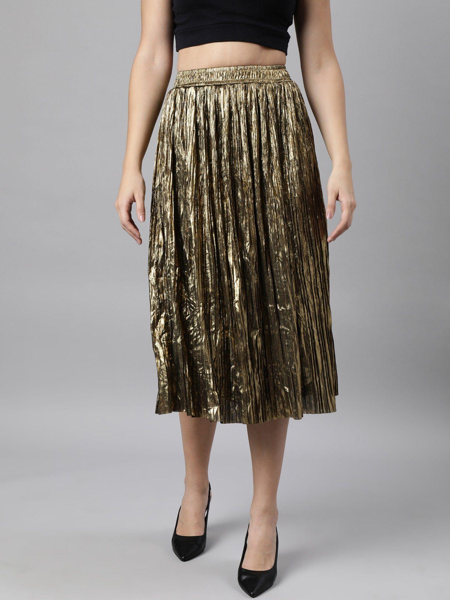 women's embellished flared gold midi skirt