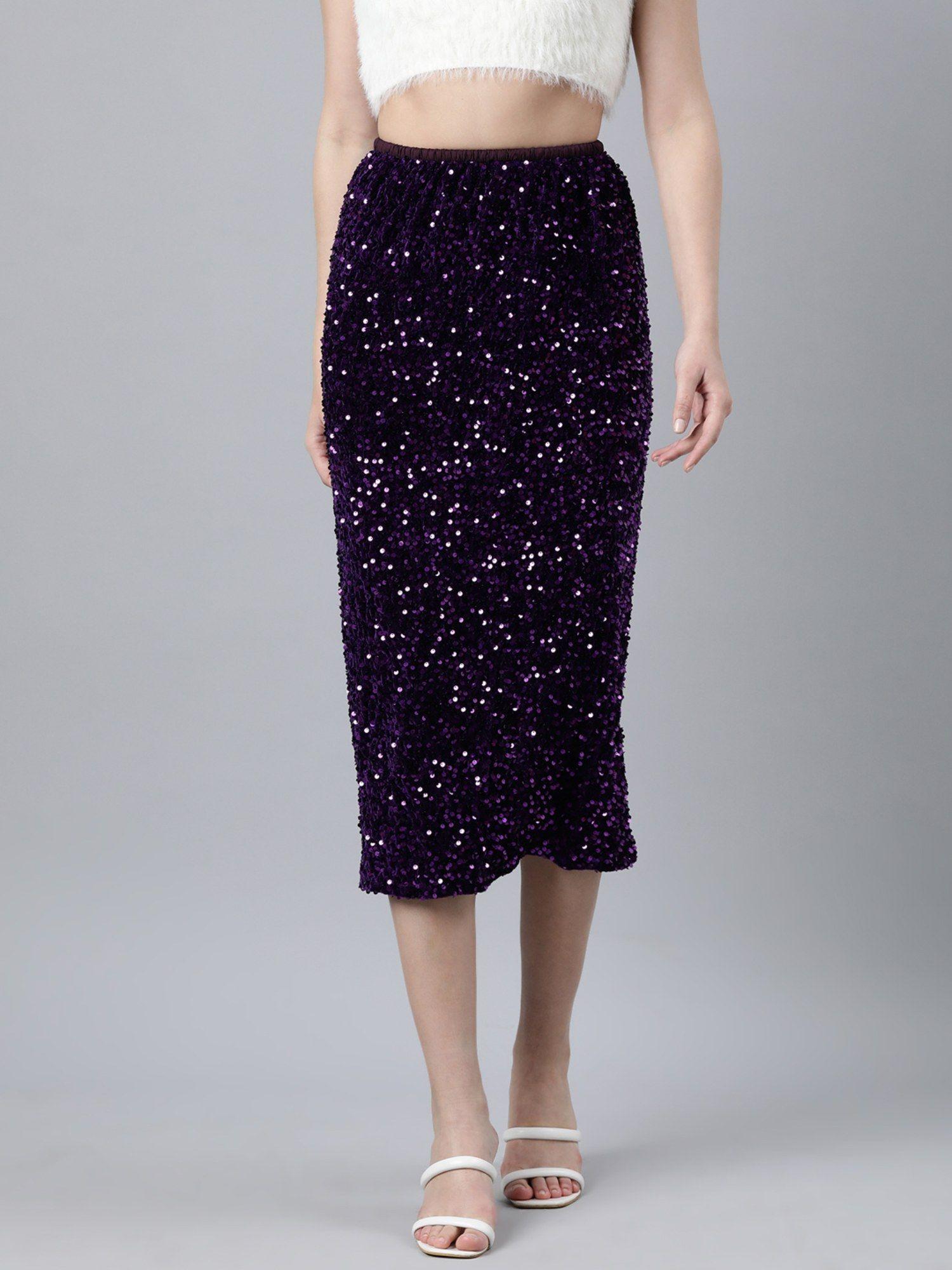 women's embellished purple straight midi skirt