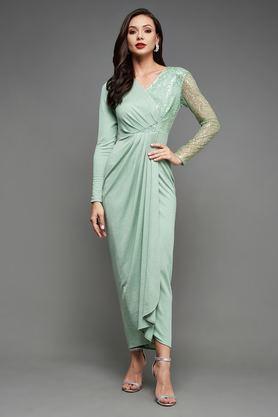 women's embellished v-neck full sleeve polyester pleated slim fit longline dress - green