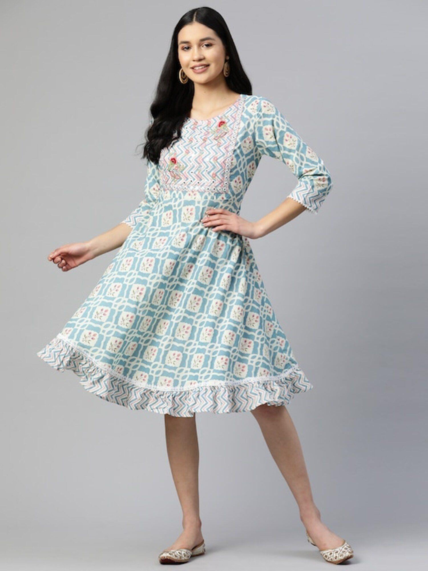 women's embroidered flared cotton light blue stitched dress