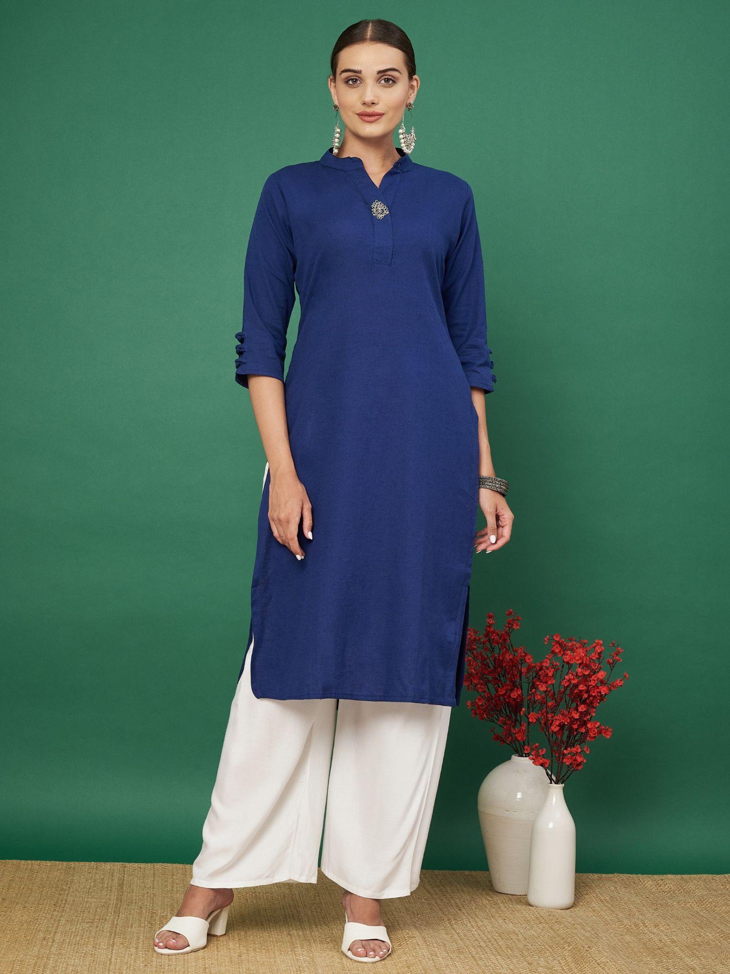 women's embroidered straight cotton flex blue kurta