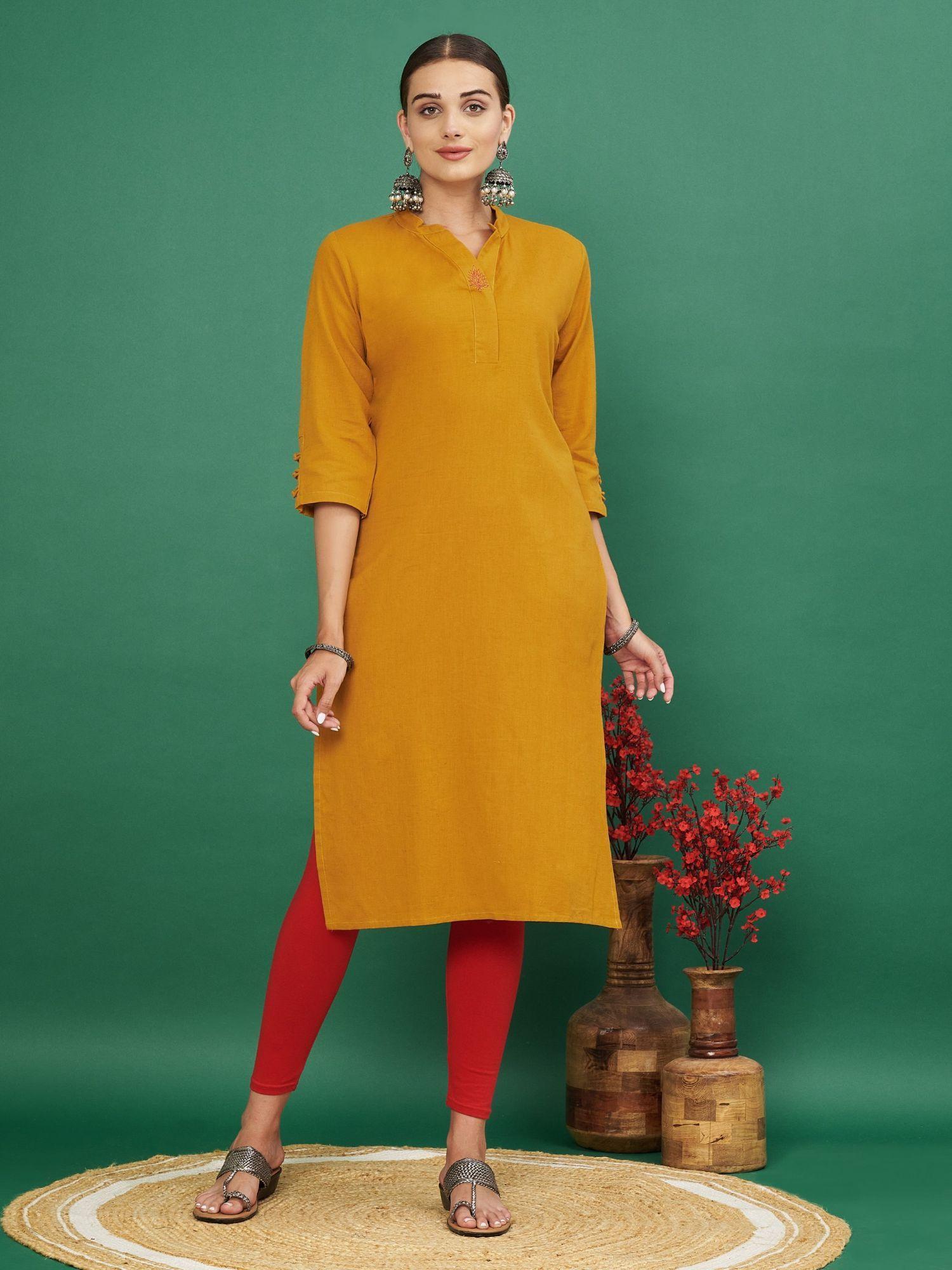 women's embroidered straight cotton flex mustard kurta