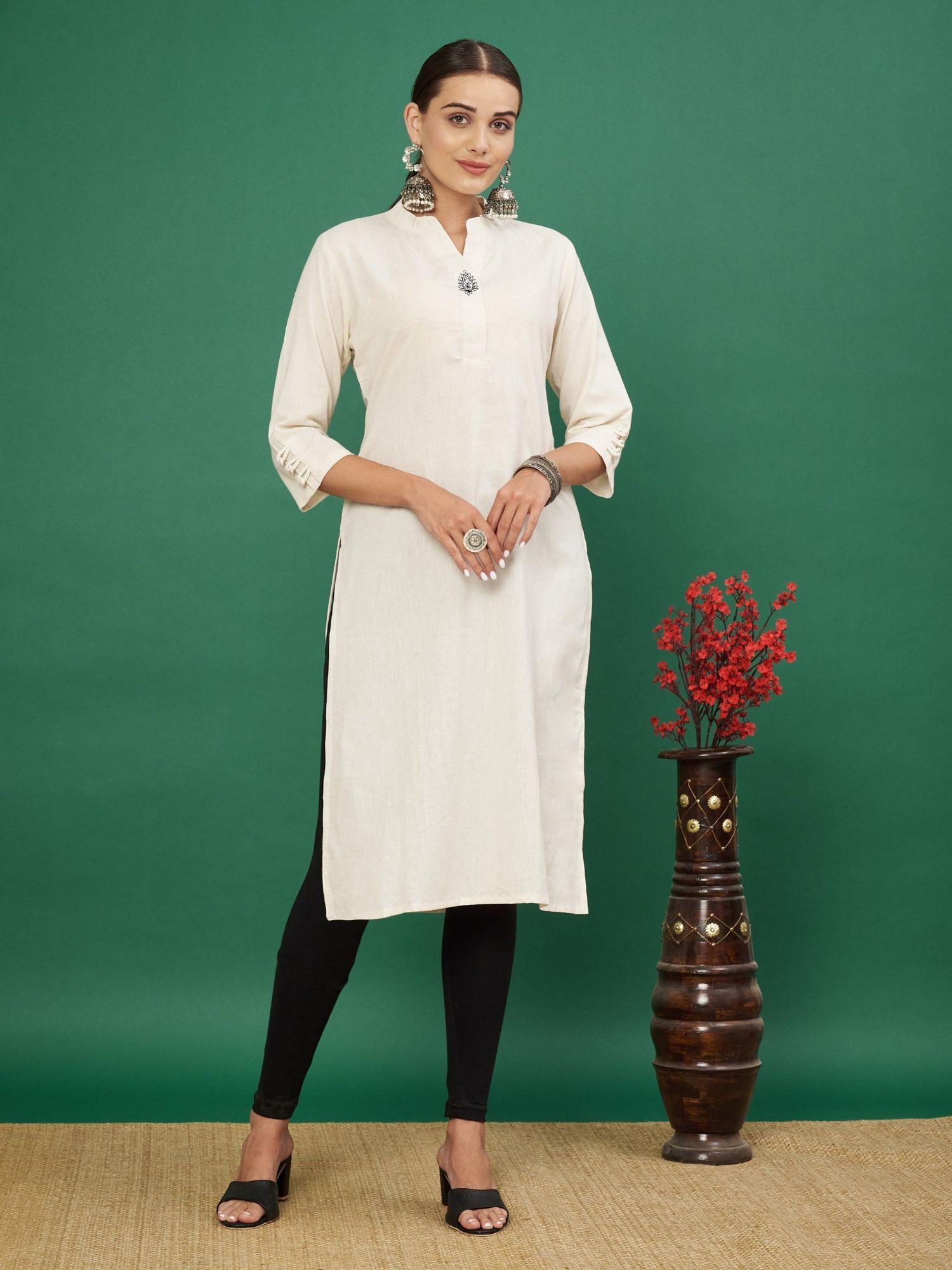 women's embroidered straight cotton flex white kurta