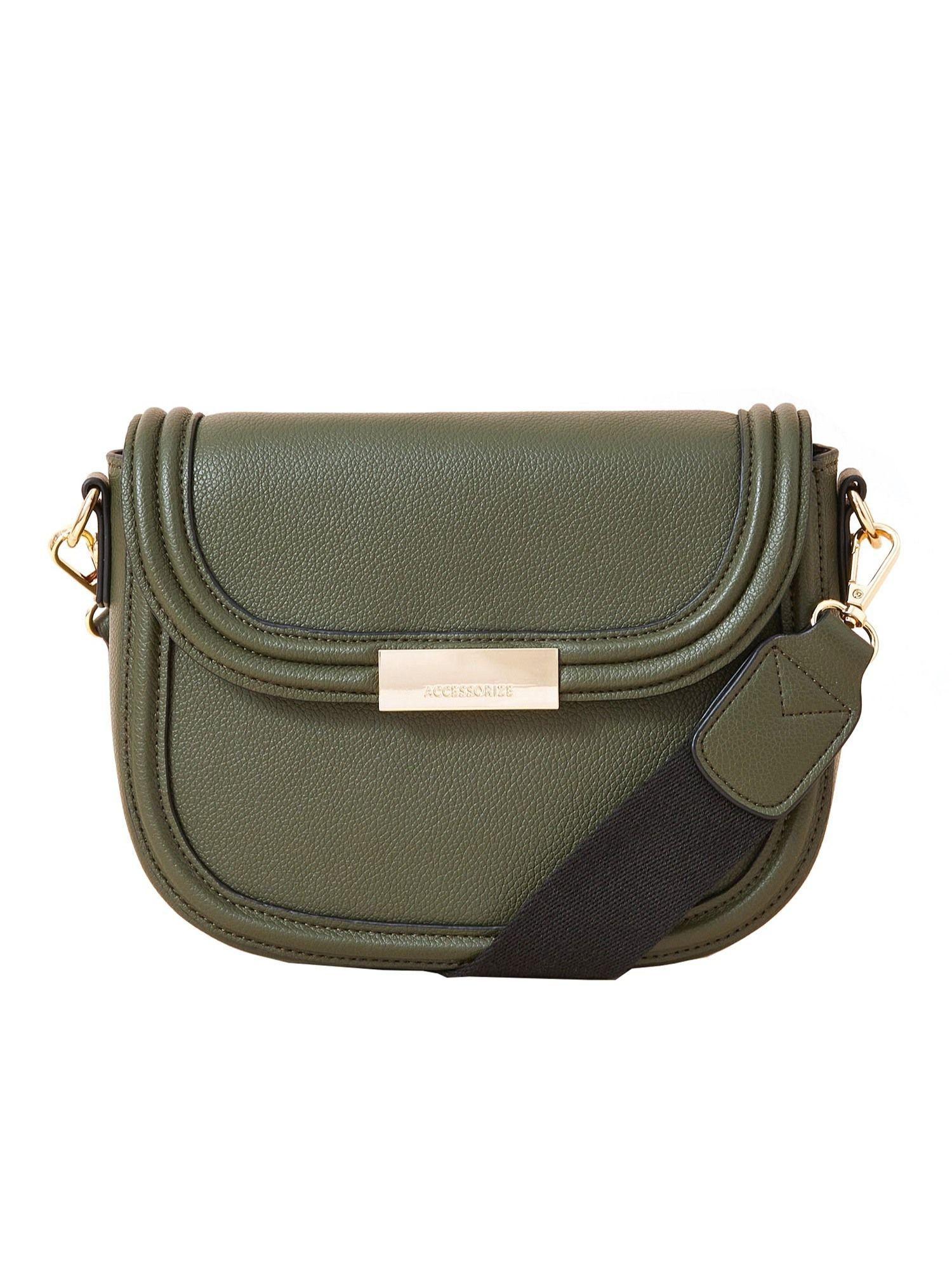 women's faux leather green webbing saddle sling bag