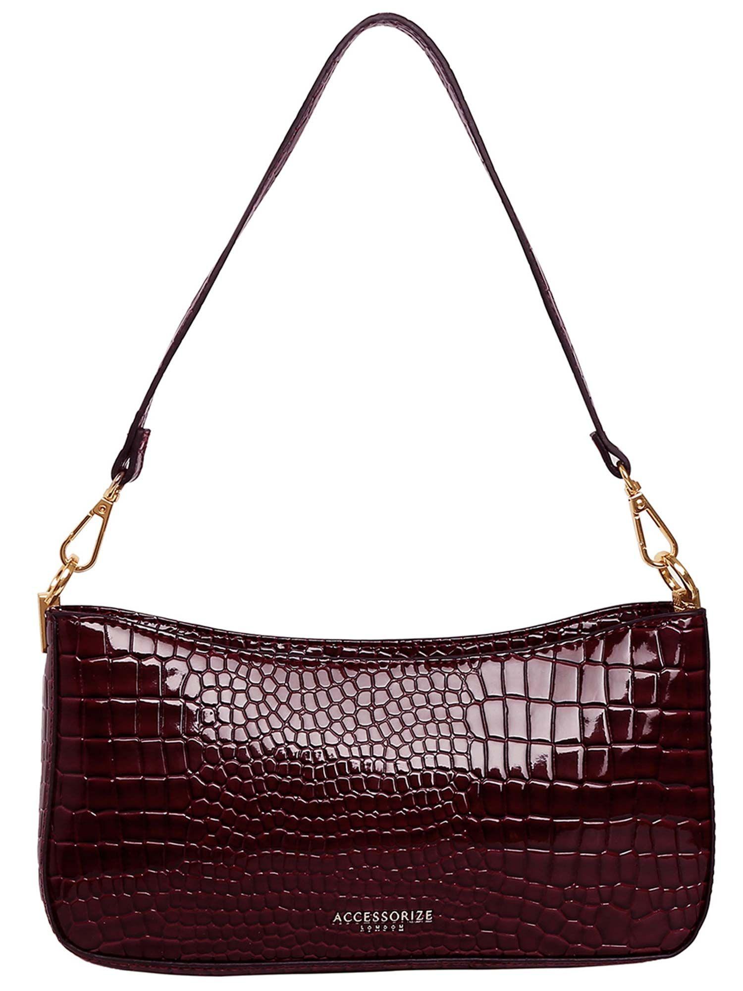 women's faux leather maroon croc roxanne baguette shoulder bag