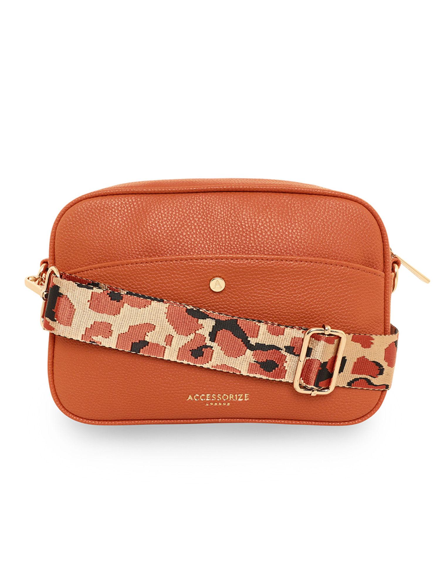 women's faux leather orange leopard strap camera sling bag