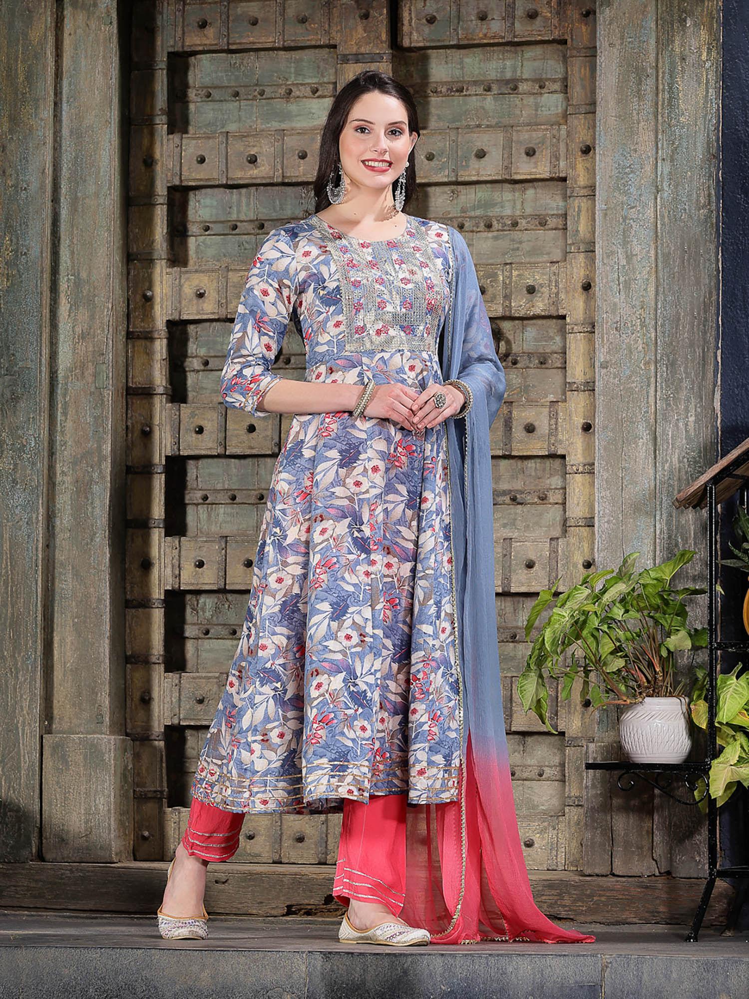 women's floral & embroidered cotton anarkali kurta with pant and dupatta (set of 3)