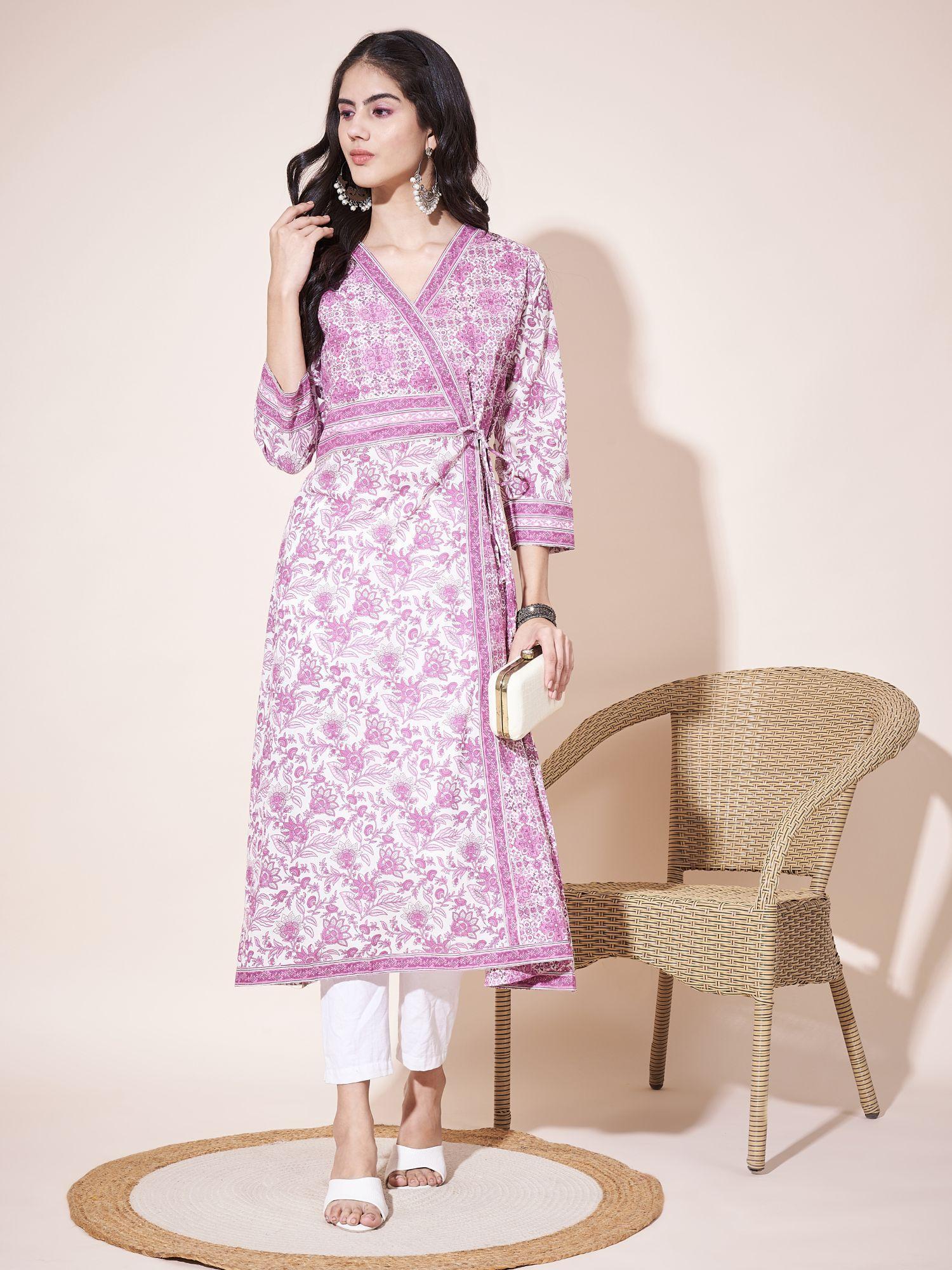 women's floral print angarkha a-line cotton pink kurta