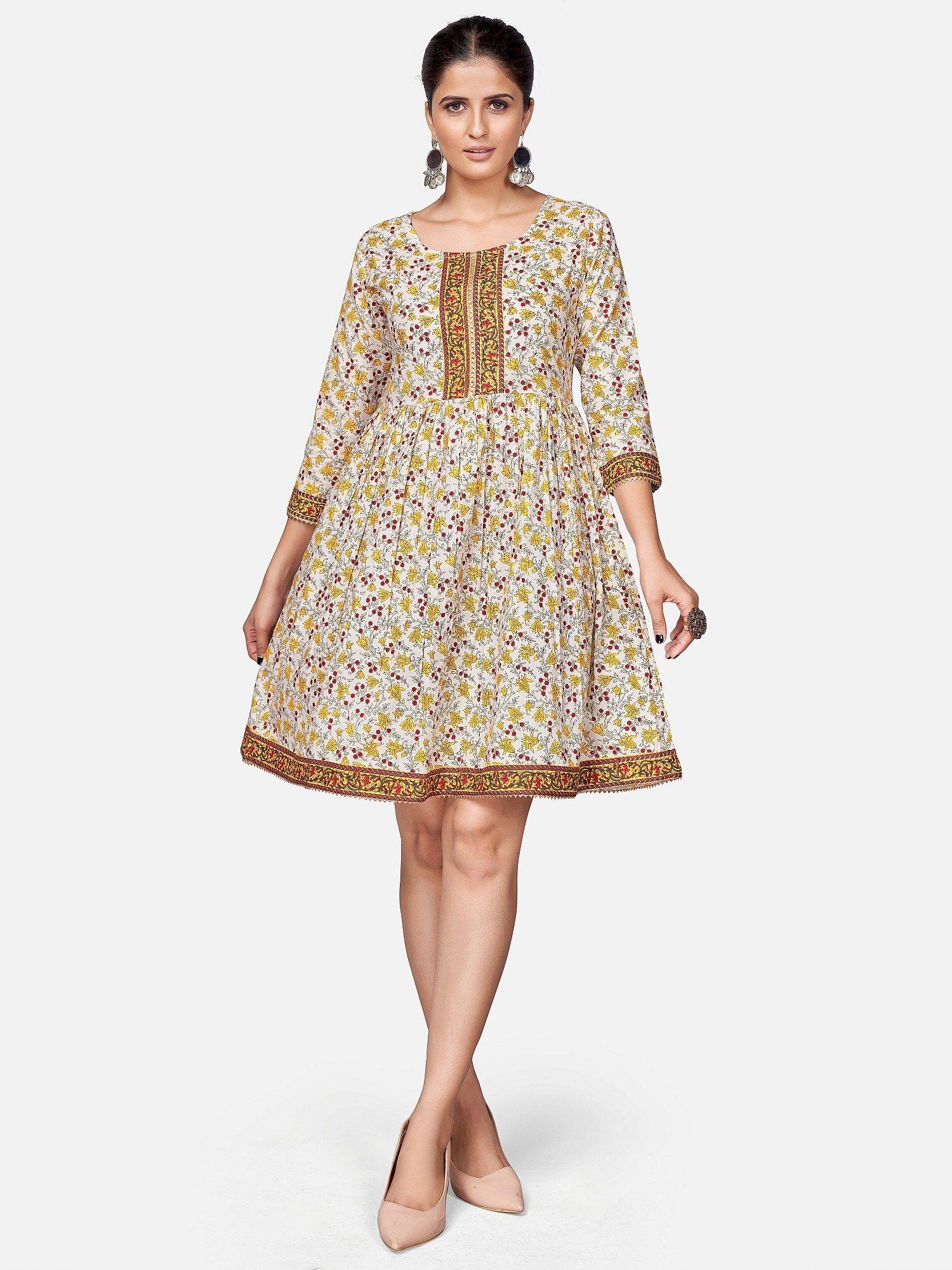 women's floral print flared cotton yellow stitched dress (vf-ku-1898)