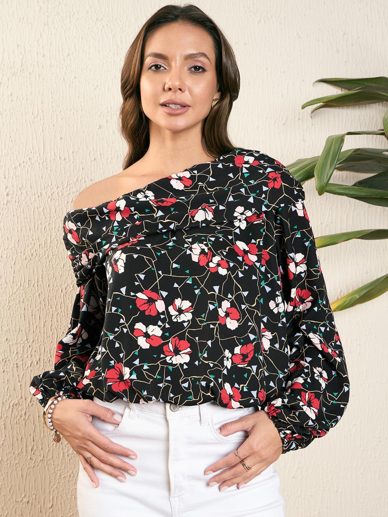 women's floral print one shoulder blouson top