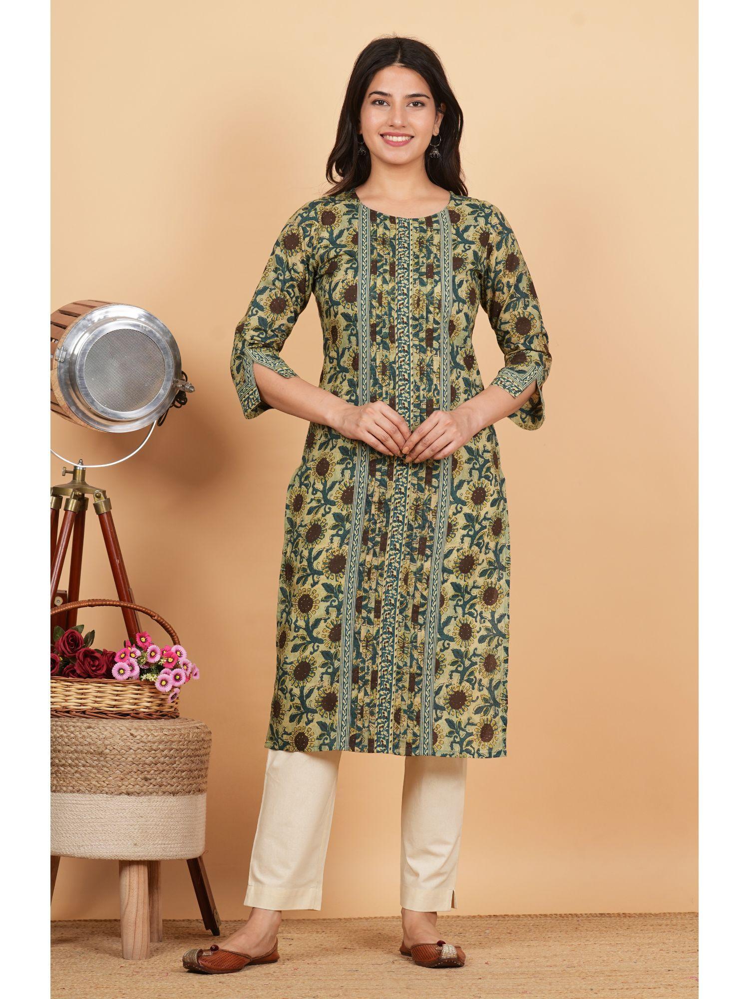 women's floral print straight cotton teal kurta