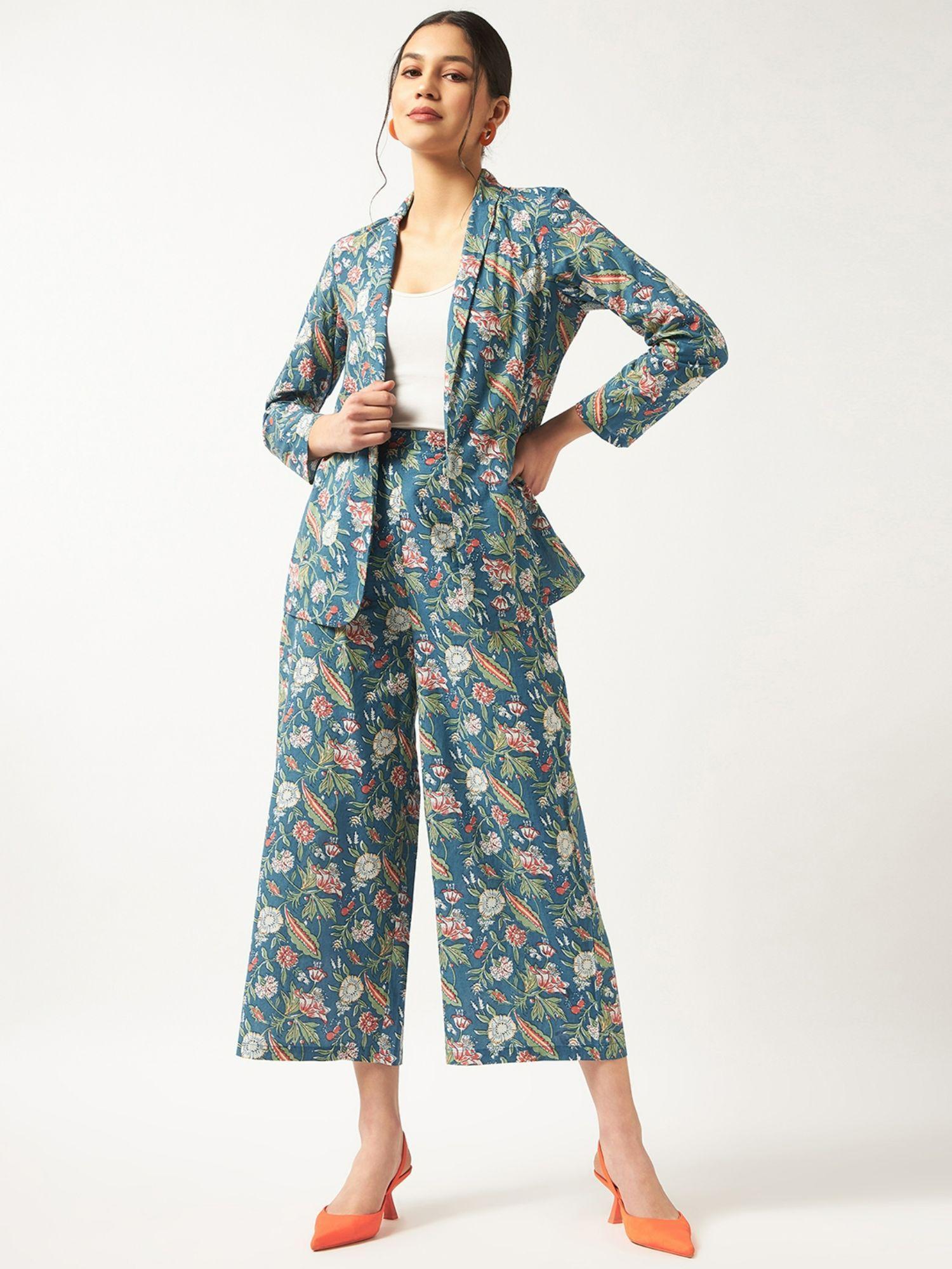 women's floral printed blazer with pants (set of 2)