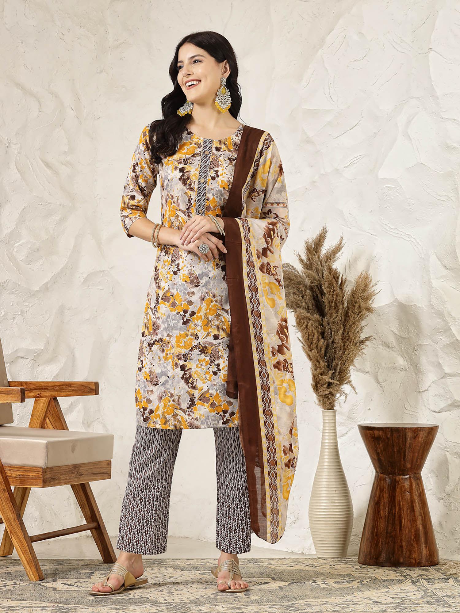 women's floral printed cotton blend straight kurta with pant and dupatta (set of 3)