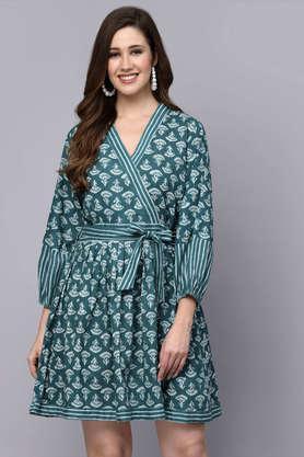 women's floral printed cotton flared ethnic dress - green