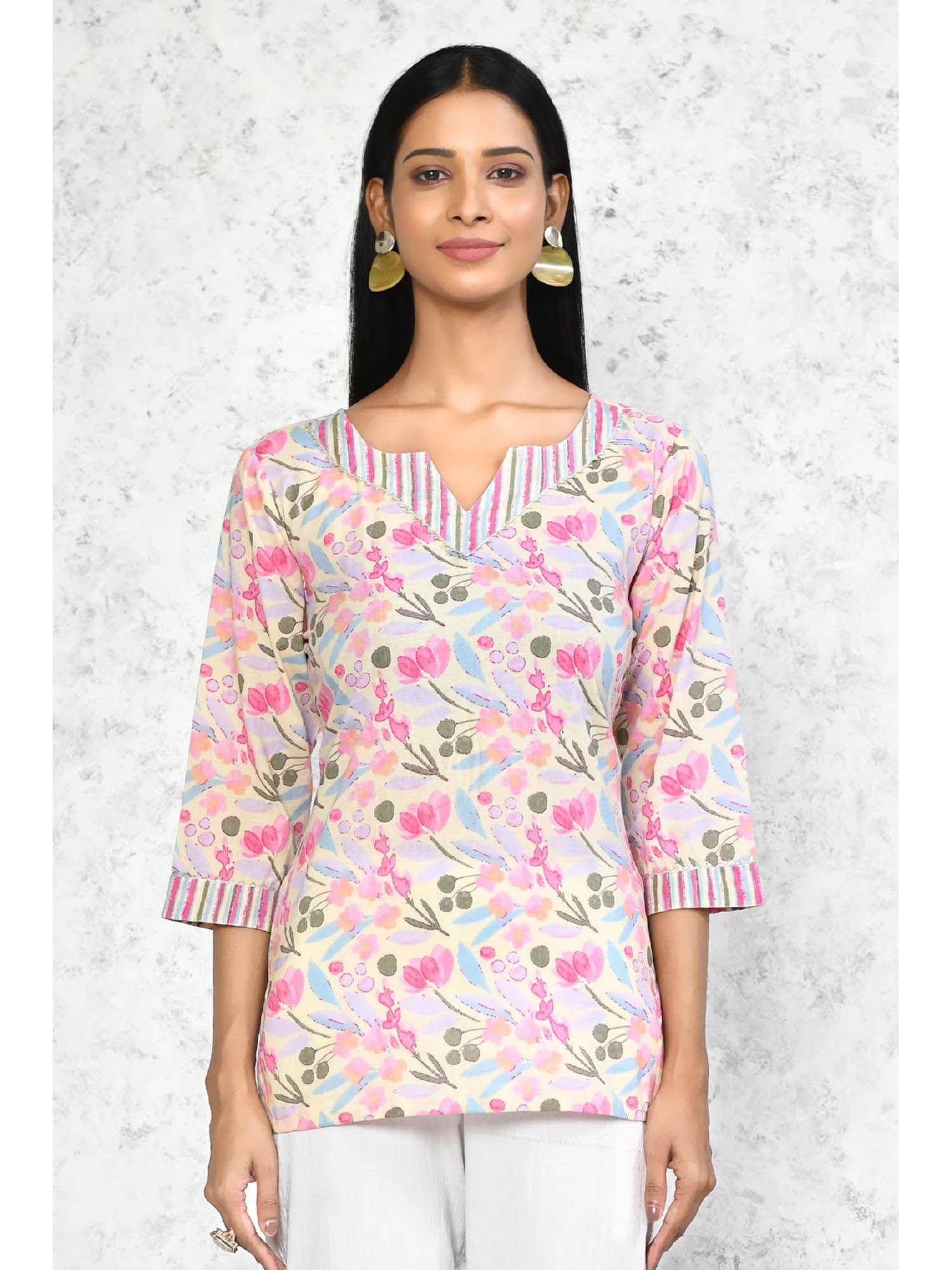 women's floral printed pure cotton pink tunic