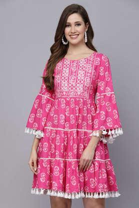 women's floral printed rayon flared ethnic dress - pink