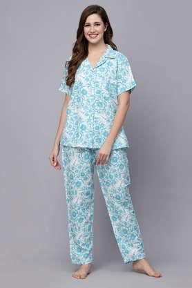 women's floral printed rayon night suit - turquoise