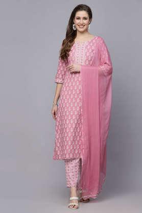 women's floral printed rayon straight kurta pant dupatta set - pink