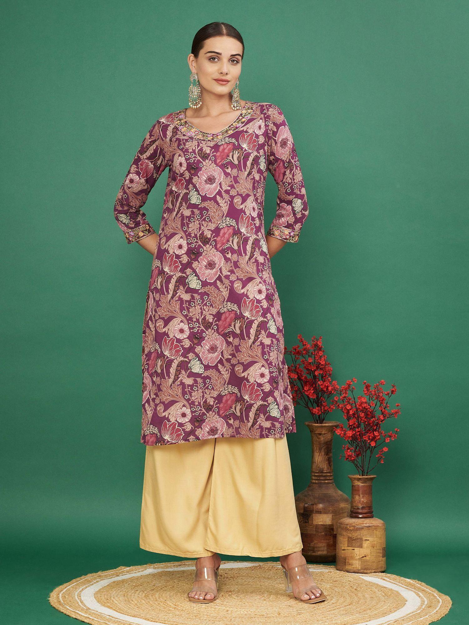 women's floral printed straight cotton wine kurta