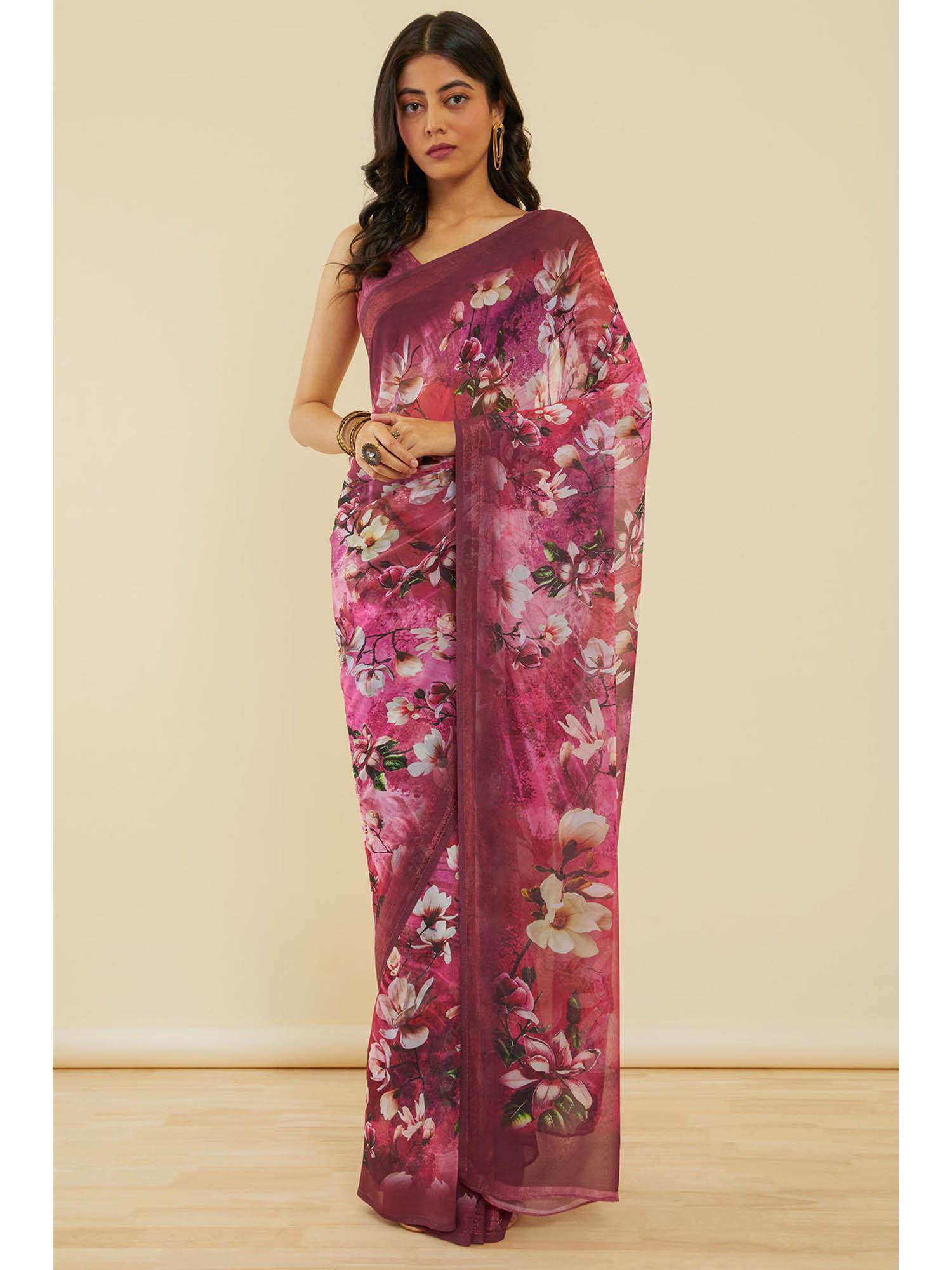 women's fuchsia floral print georgette saree with unstitched blouse