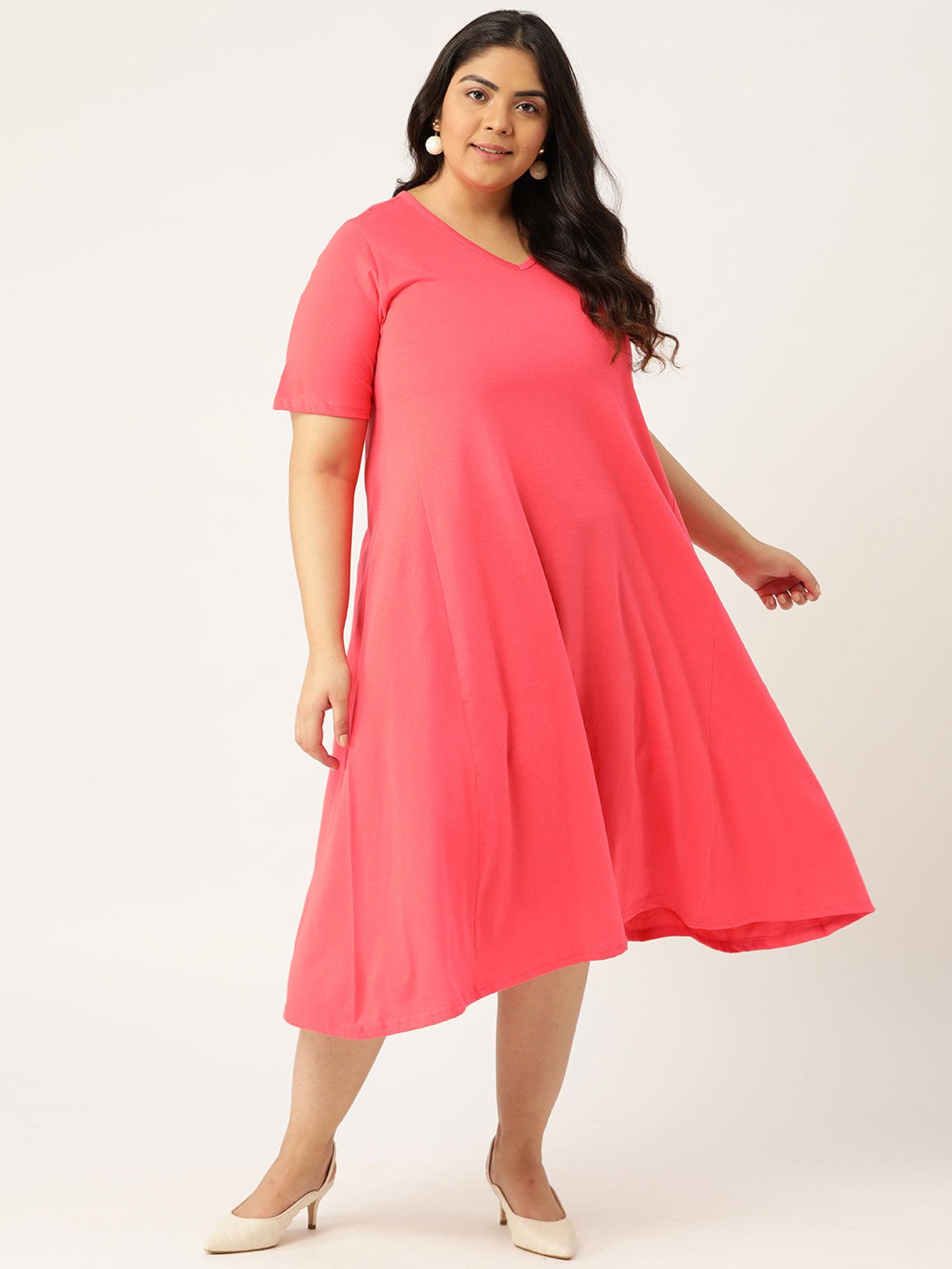 women's fuchsia solid color v-neck cotton a-line dress