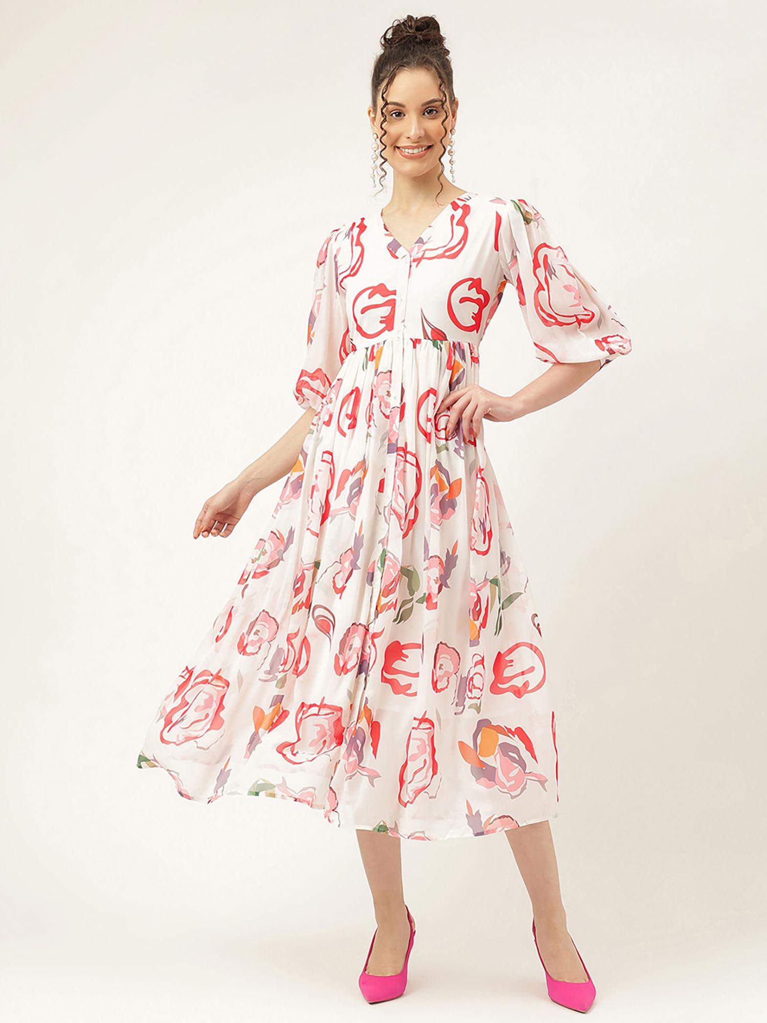 women's georgette abstract printed off-white midi dress