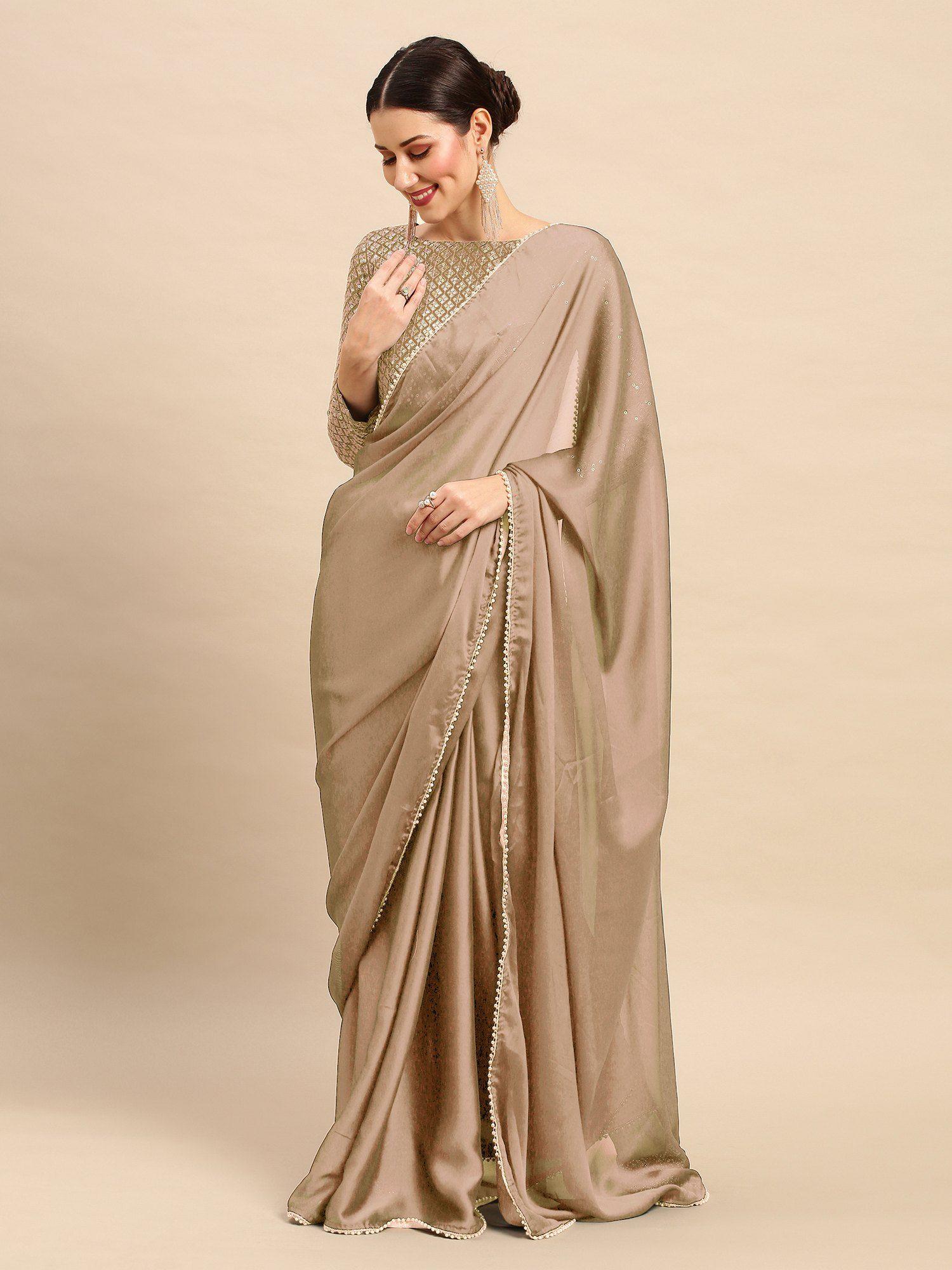 women's georgette beige solid designer saree with unstitched blouse