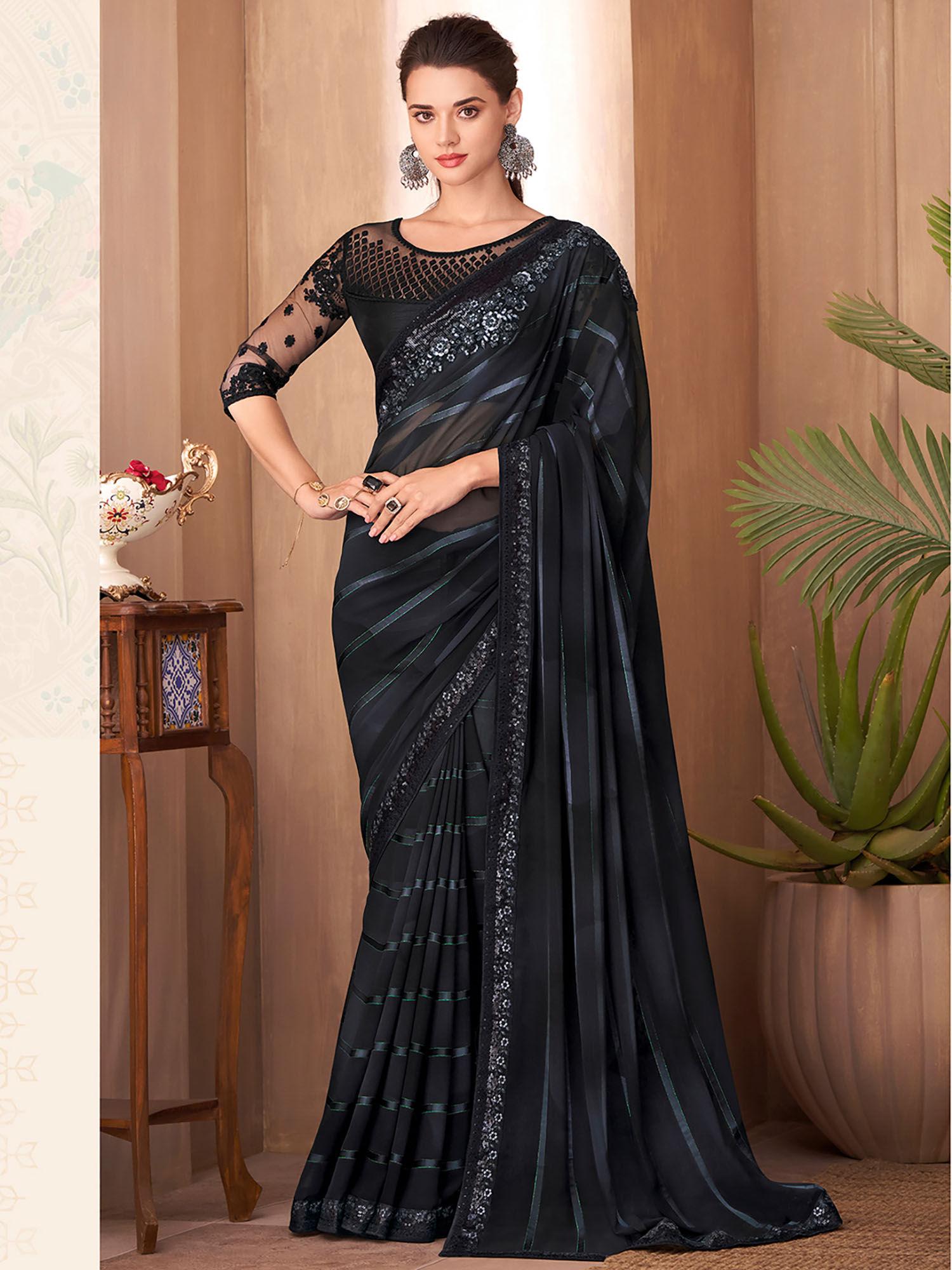 women's georgette black embellished designer saree with unstitched blouse