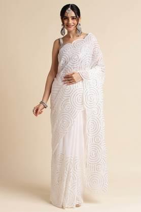 women's georgette embellished and printed and embroidered bollywood sari with blouse piece - white
