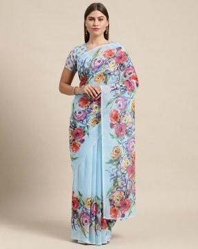 women's georgette floral printed blue saree printed saree