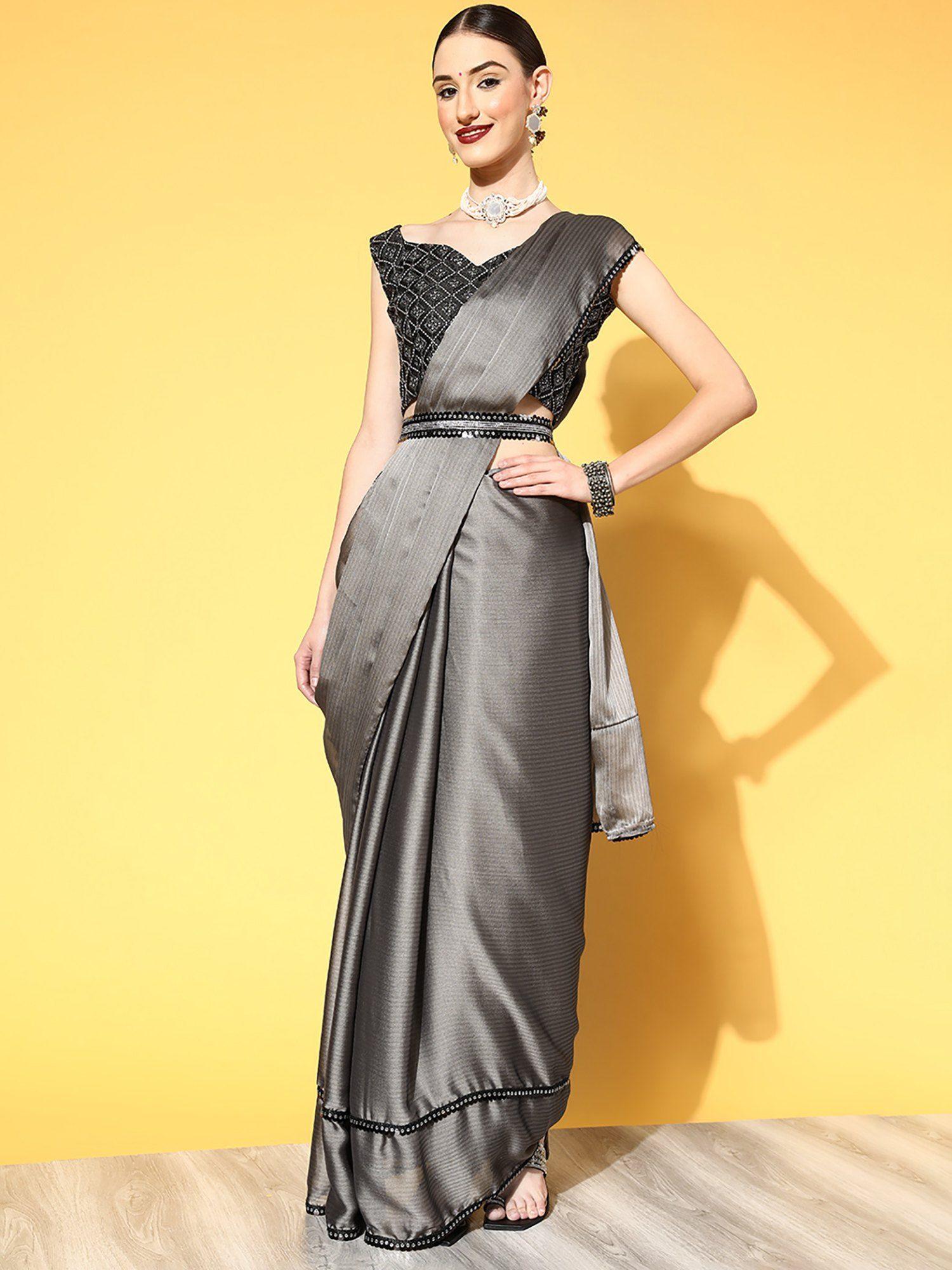 women's georgette grey embellished belted sarees with unstitched blouse