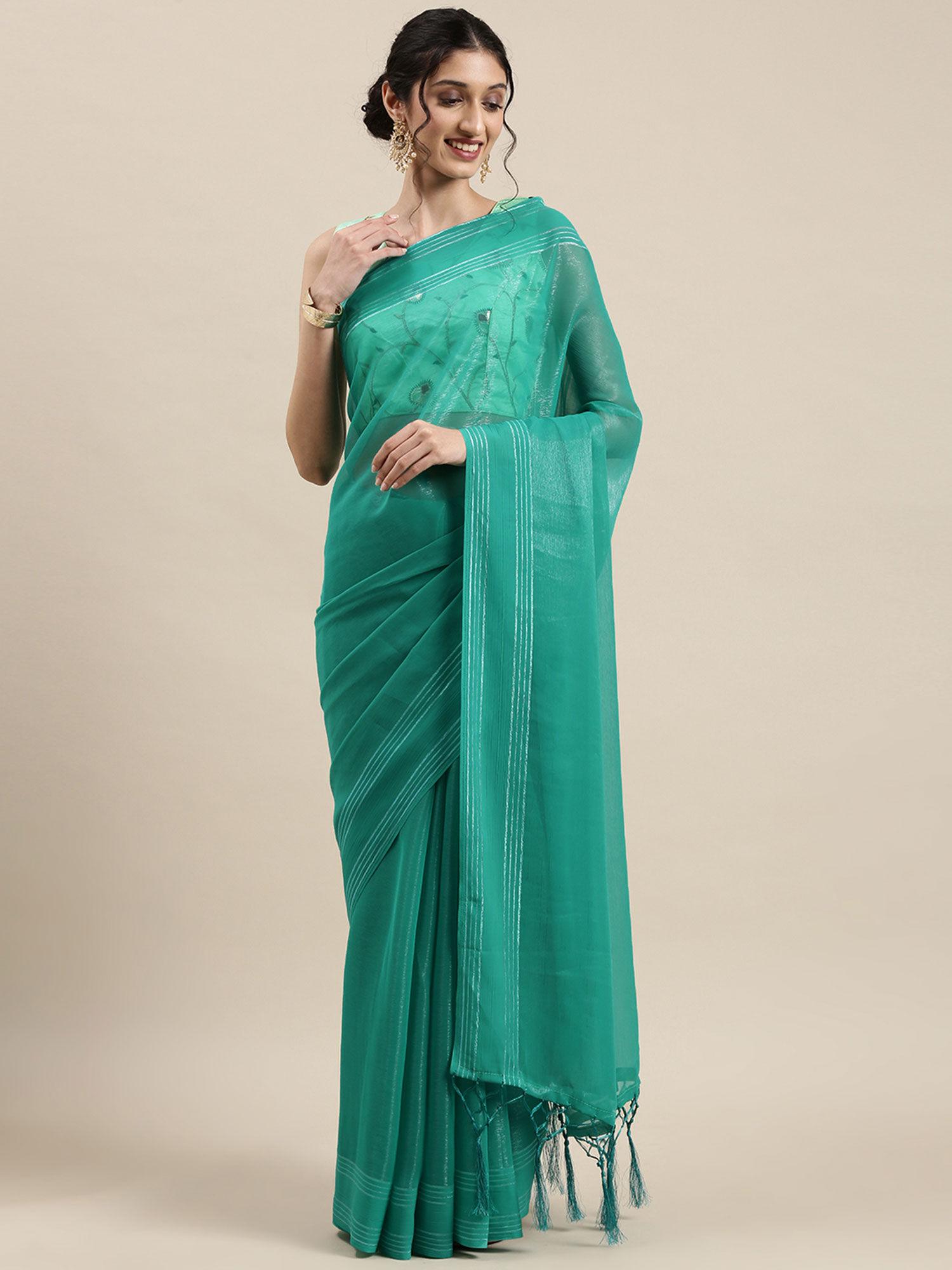women's georgette sea green solid designer saree with unstitched blouse