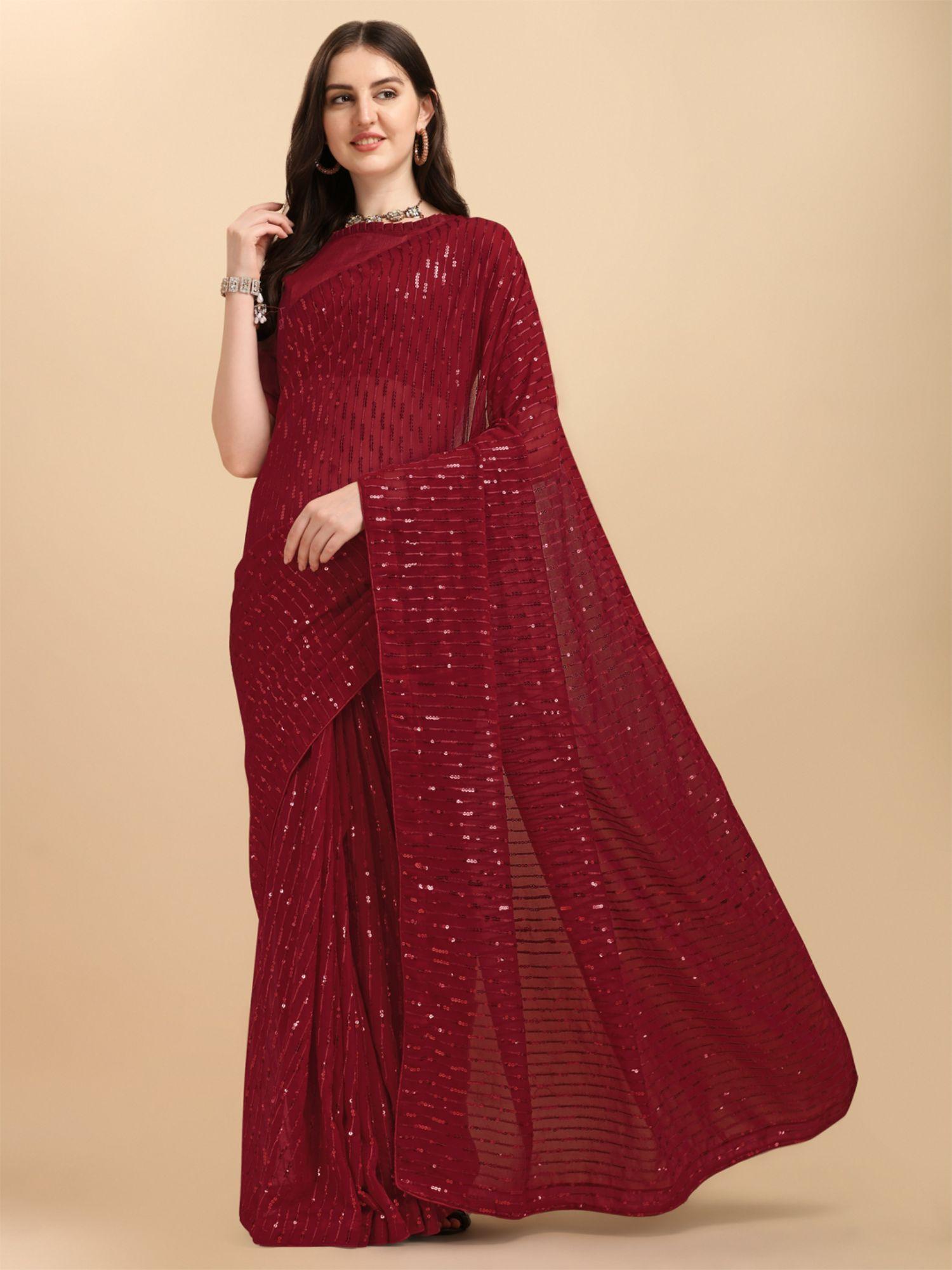 women's georgette sequence embroidered maroon saree with unstitched blouse