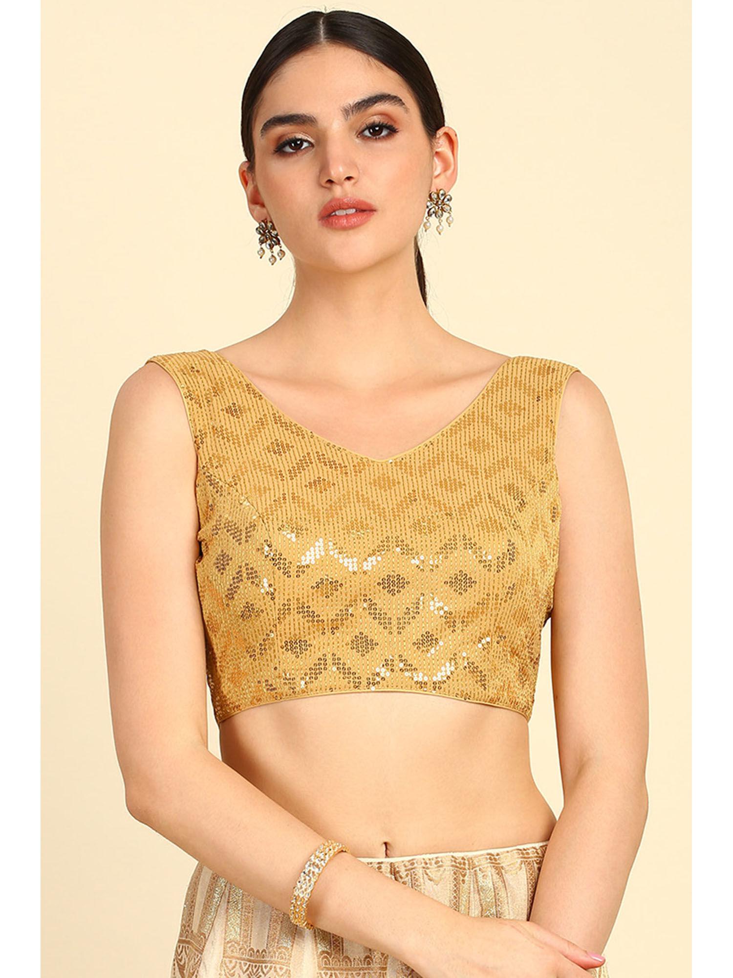 women's gold georgette blouse & unstitched sleeves with sequins work (set of 2)