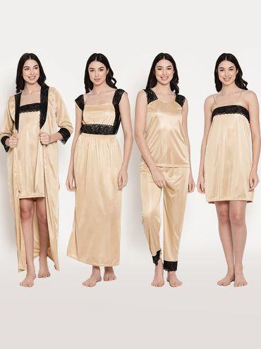 women's gold satin nighty with robe set (set of 5)