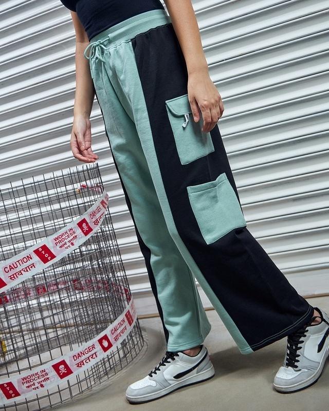 women's green & black gangster color block oversized track pant