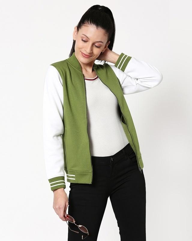 women's green & white color block varsity bomber jacket