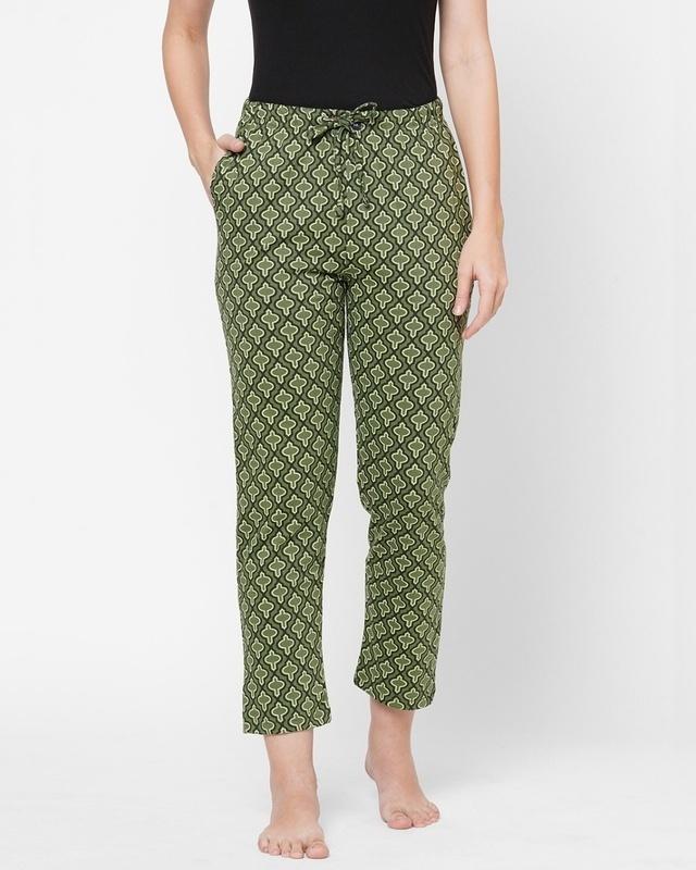 women's green all over printed cotton lounge pants