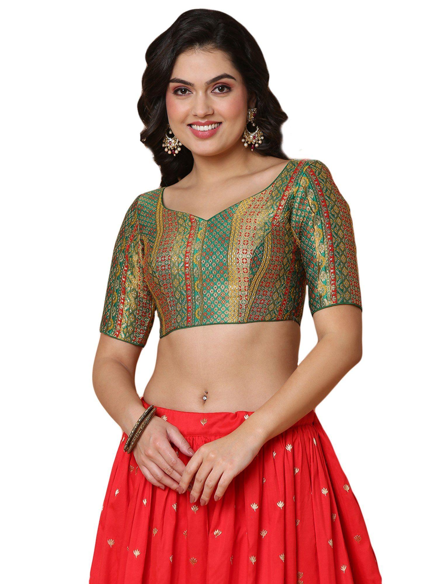 women's green brocade readymade saree blouse