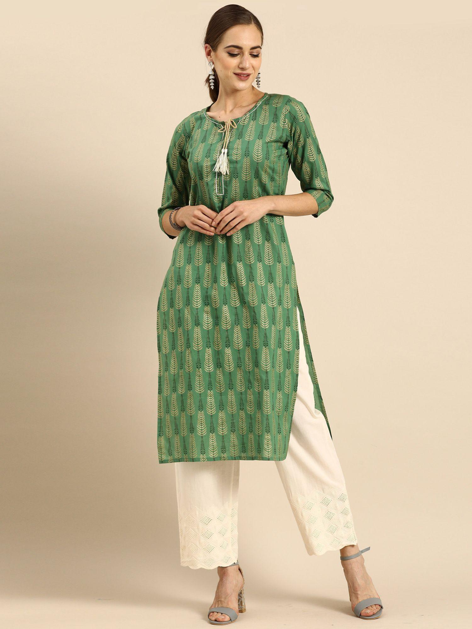 women's green cotton jaipuri printed kurti