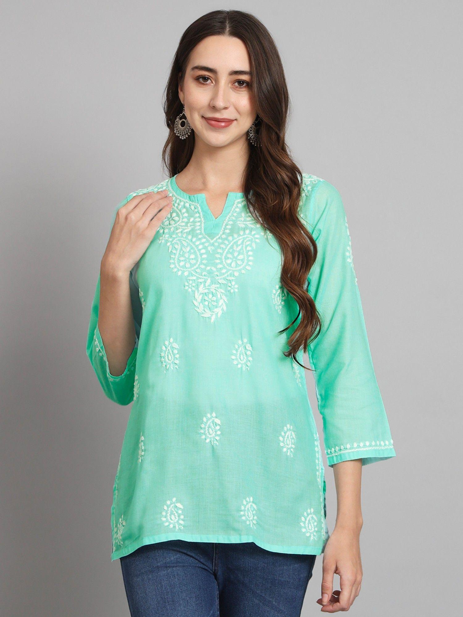 women's green ethnic motifs hand embroidered chikankari cotton tunic