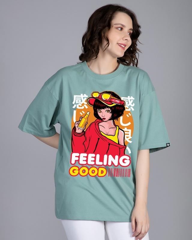 women's green feeling good graphic printed oversized t-shirt