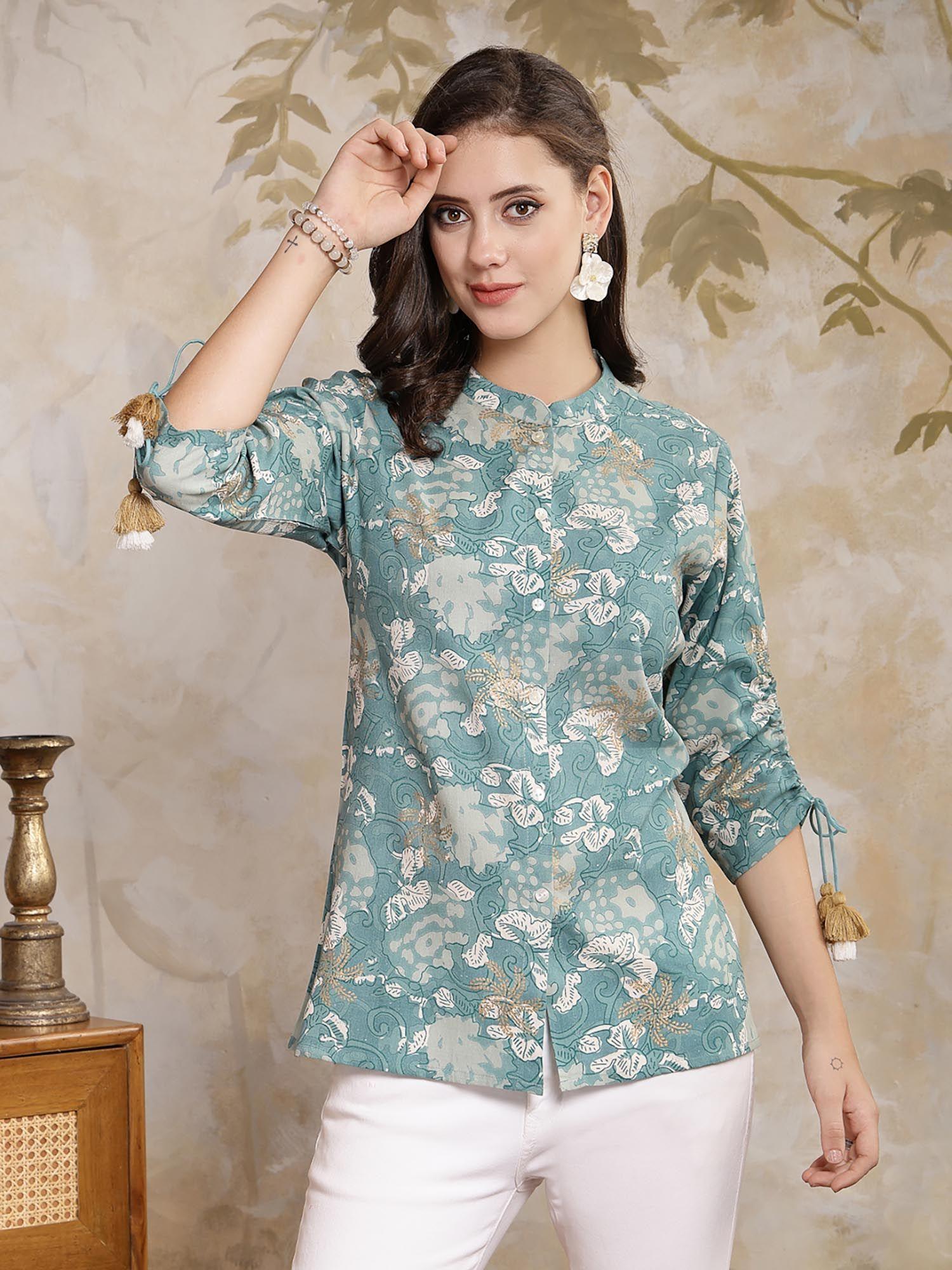 women's green floral printed rayon empire top