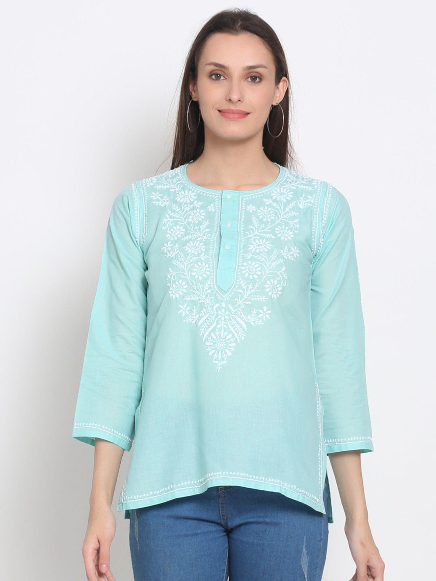 women's green hand embroidered chikankari cotton short tunic